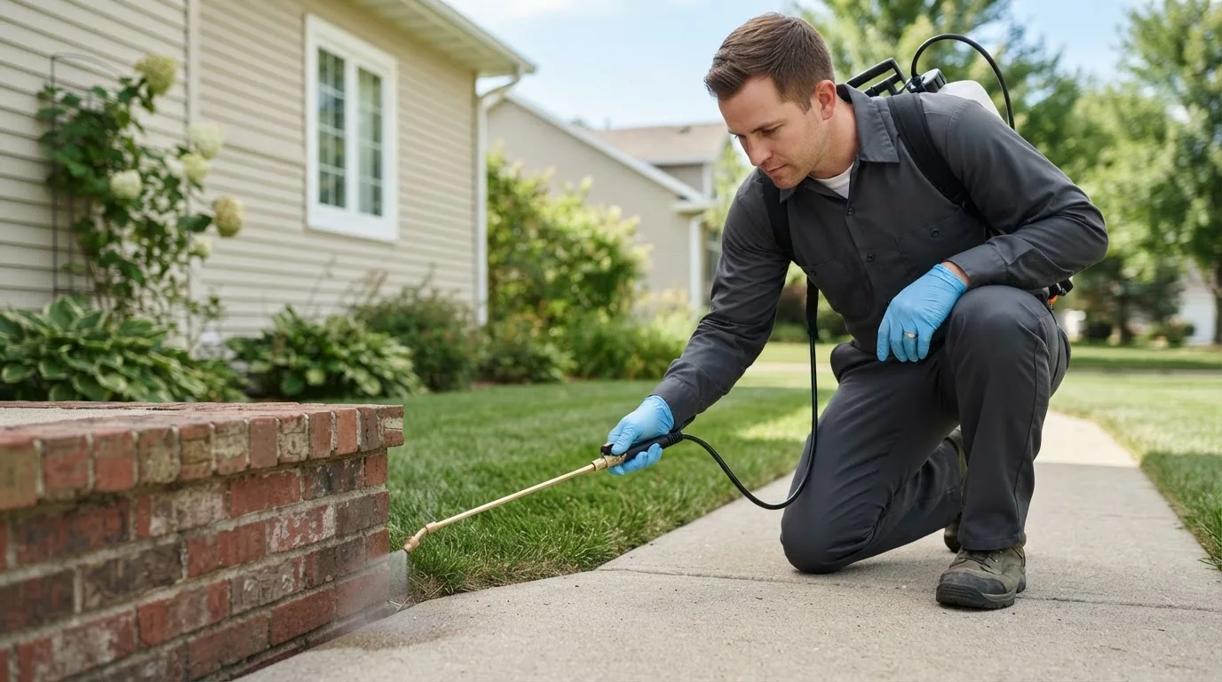 Pest control technician treating a home near Moline, MI