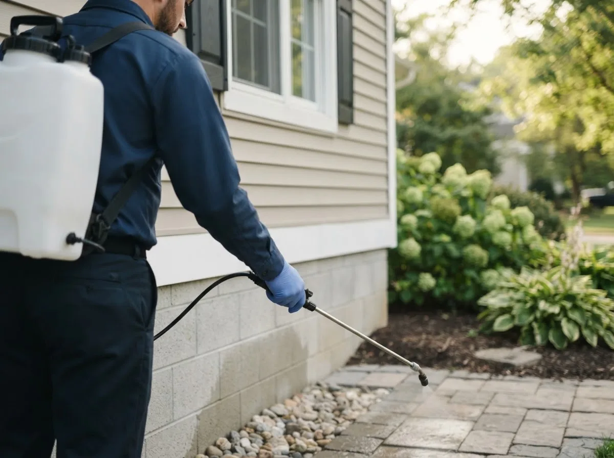 Pest control technician inspecting a home in Moline, MI